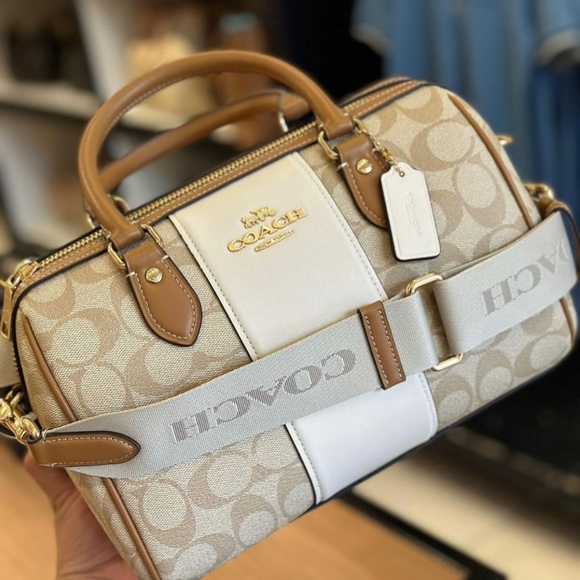 Coach Rowan Women Satchel In Signature Canvas With Stripe Light Khaki Color $495 - Picture 2 of 12